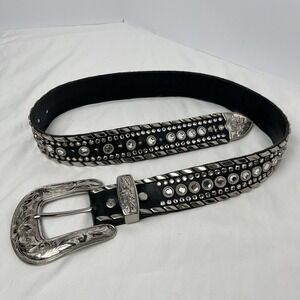 Kippy's Vintage Custom 1.5" Bezel Swarovski Crystals Leather Belt Silver Size 32